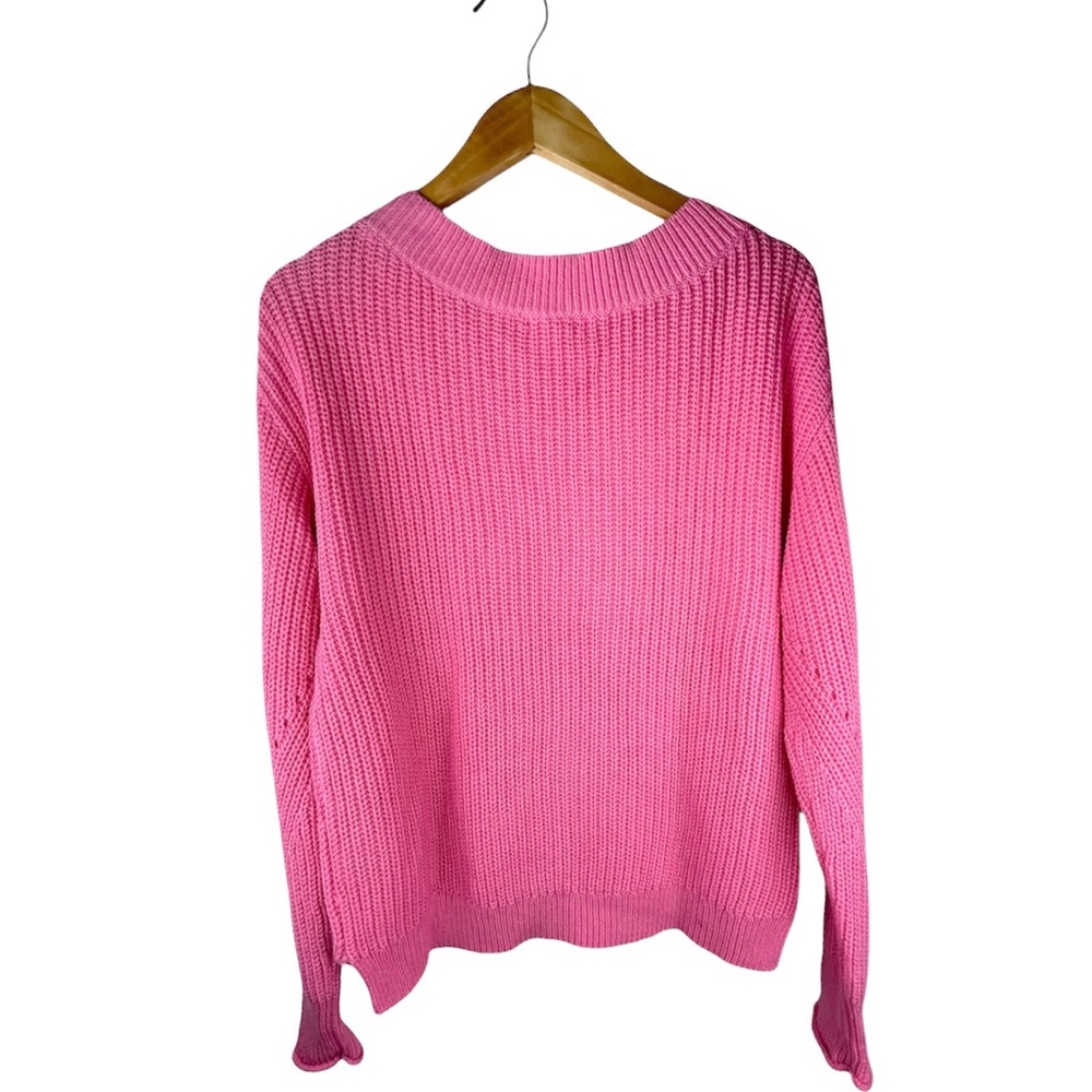 ABOUND Cable Knit Sweater Pink Aurora Cotton V-Neck Pullover High Low Hem - Picture 4 of 6
